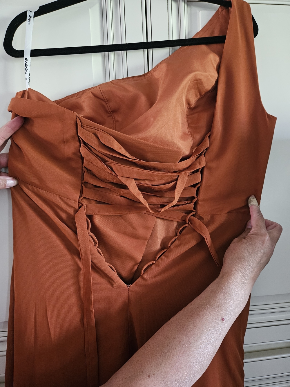 Terracotta One-Shoulder Draped Women's Dress - Picture 4 of 12